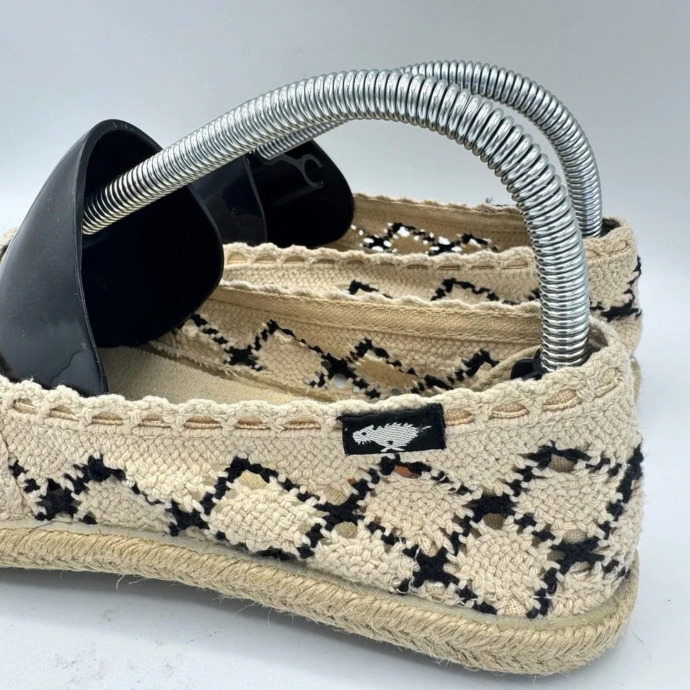 Rocket Dog Crochet Espadrille Flats Womens 7.5 Cream Black Slip On Boho Shoes